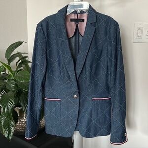 Tommy Hilfiger Denim Jean Blazer Jacket Sz 8/M Blue Diamond Pattern Casual